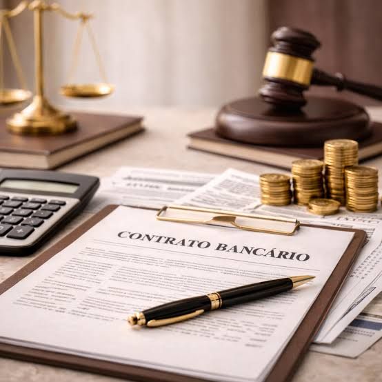 Contrato bancário com caneta, moedas e martelo